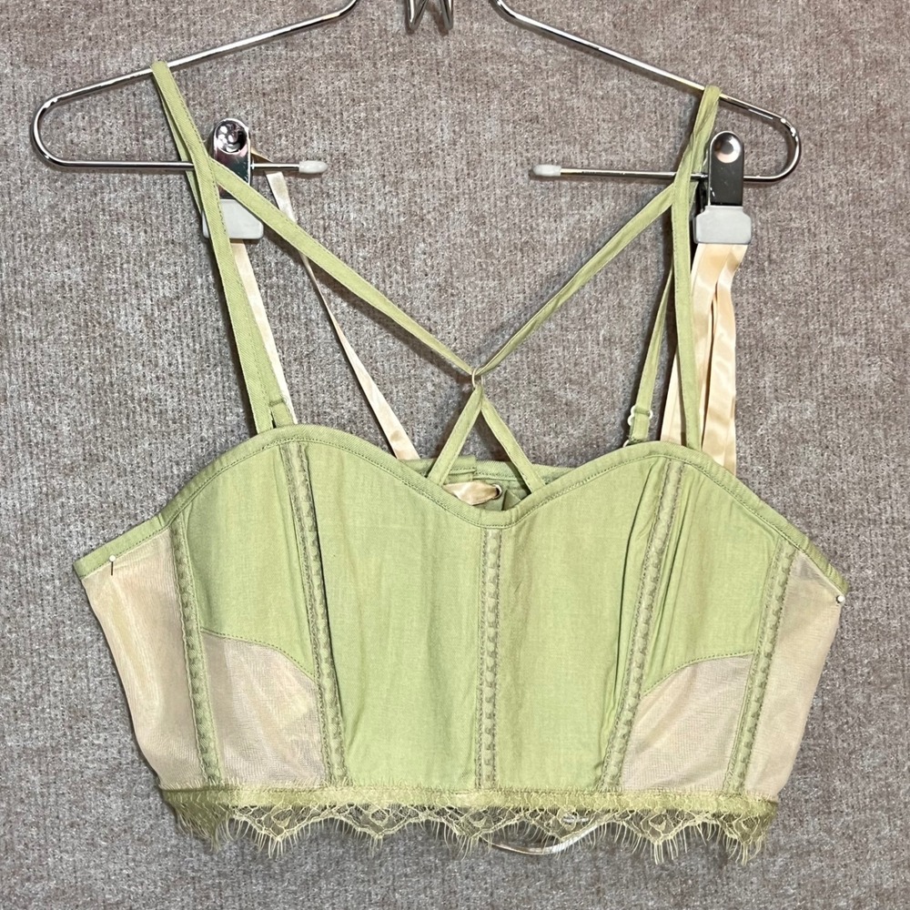 Corset Story Bustier Crop Top Women 34 Green Lace Trim Mesh Panel Fairycore